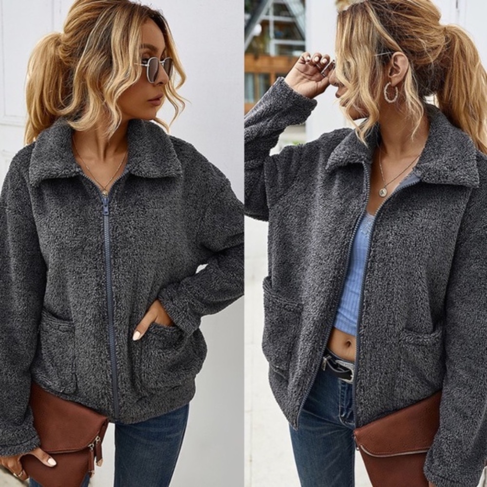 Softest teddy vegan fur zipper coat -KHAKI - Picture 6 of 7